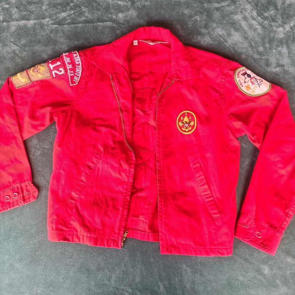 Vintage 60s 70s Boy Scouts BSA Red Official Jacket Camporee Patch Youth 18x20